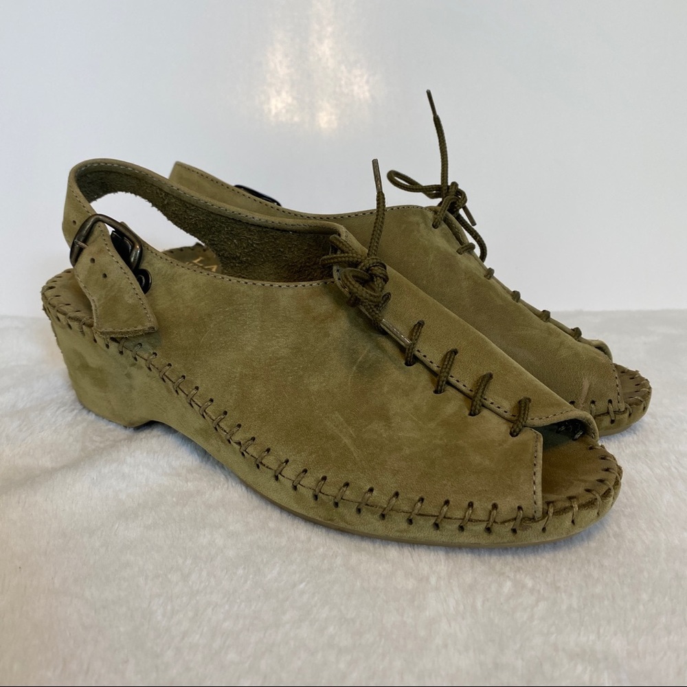 EUC - La Plume Green Leather Lace-Up Peep Toe Shoes - Size: 36